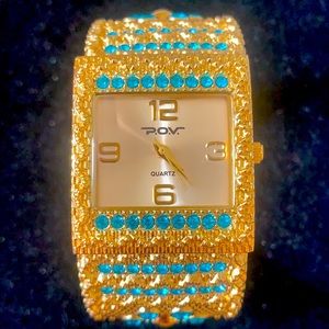 POV Watch cuff bracelet goldtone teal crystals euc